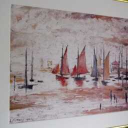 L.s. Lowry Art Print - Sail Boats Walnut Finish Frame With Mount & Textured Image - thumbnail 2