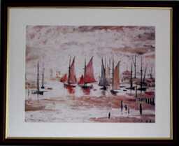 L.s. Lowry Art Print - Sail Boats Walnut Finish Frame With Mount & Textured Image - thumbnail 1