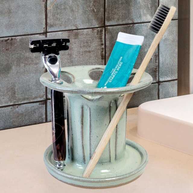6 Hole Wide Slot Toothbrush Razor Holder Green Handmade Pottery - image 1