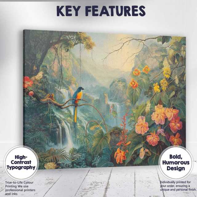 Exotic Rainforest Waterfall Parrot Botanical Paradise Canvas Wall Art Print Decor Picture Ready To Hang - image 1
