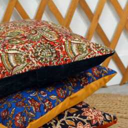 40x40cm Cushion - Handmade in France Blockprint Floral Cotton & Velvet - thumbnail 4