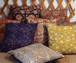 40x40cm Cushion - Handmade in France Blockprint Floral Cotton & Velvet