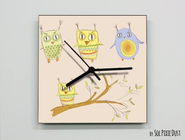 Cute Owls Hand Draw Wall Clock - Kids Nursery Room, Teens Baby Room - image 1