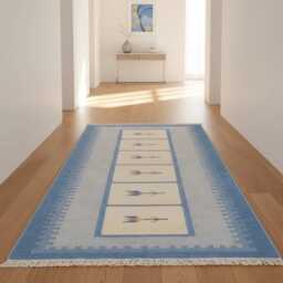 Handwoven Wool Kilim Rug - Blue Nordic Floral Flat Weave Runner - thumbnail 3