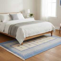 Handwoven Wool Kilim Rug - Blue Nordic Floral Flat Weave Runner - thumbnail 4