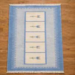 Handwoven Wool Kilim Rug - Blue Nordic Floral Flat Weave Runner - thumbnail 2