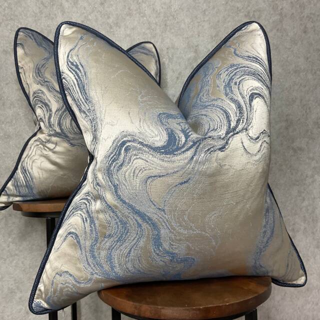 Marble Piped Cushion Cover Pillow Blue Navy Piping - Made To Order All Sizes Available Worldwide Shipping Dm For Fabric Sample - image 1