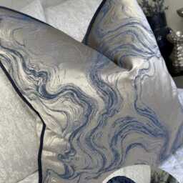 Marble Blue Piped Cushion Cover Alexis Designer Fabric Navy Piping Luxury Pillow Case Double Sided Handmade in UK - thumbnail 3