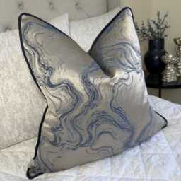 Marble Blue Piped Cushion Cover Alexis Designer Fabric Navy Piping Luxury Pillow Case Double Sided Handmade in UK - thumbnail 1