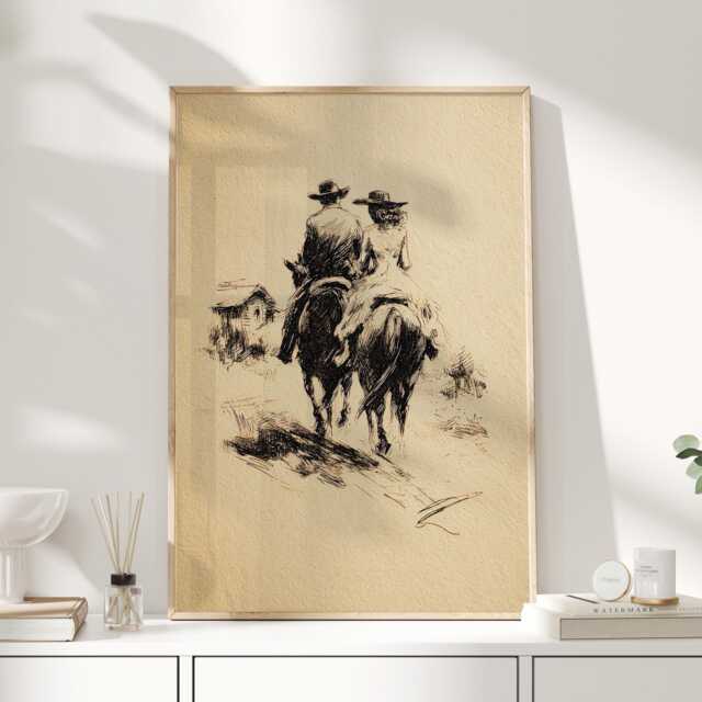Romantic Horse Riding Wall Art Print, Vintage Equestrian Artwork, Countryside Art, Couple Cowboy - image 1