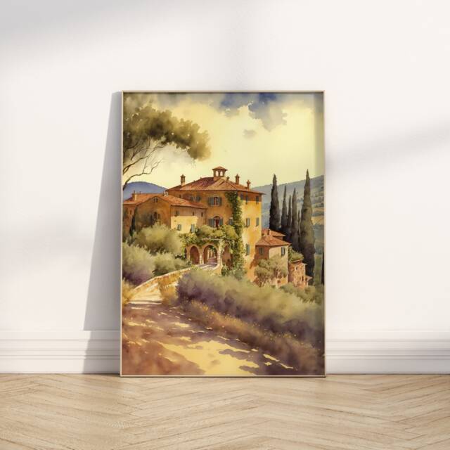 Tuscany Watercolor Print Italian Vineyard Ch??teau Wall Art - image 1