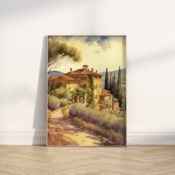 Tuscany Watercolor Print Italian Vineyard Ch??teau Wall Art - thumbnail 1