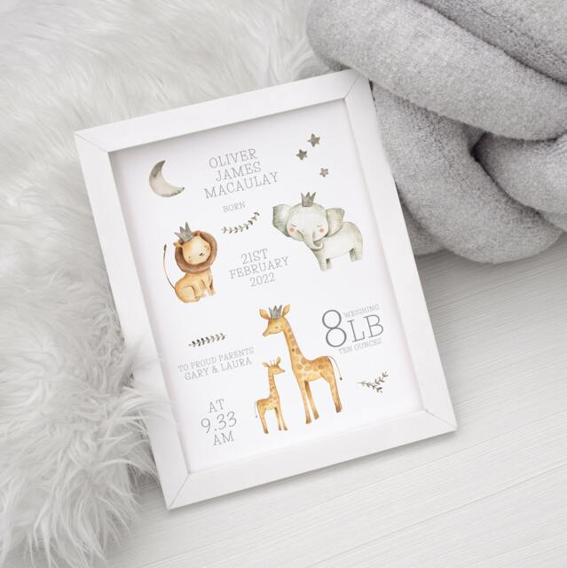 Birth Details Print, New Baby Gift, Safari Personalised Jungle Animals, Parent Christening Boy - image 1