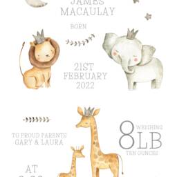 Birth Details Print, New Baby Gift, Safari Personalised Jungle Animals, Parent Christening Boy - thumbnail 3