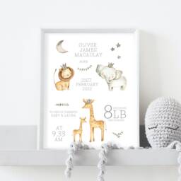 Birth Details Print, New Baby Gift, Safari Personalised Jungle Animals, Parent Christening Boy - thumbnail 2
