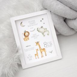 Birth Details Print, New Baby Gift, Safari Personalised Jungle Animals, Parent Christening Boy - thumbnail 1