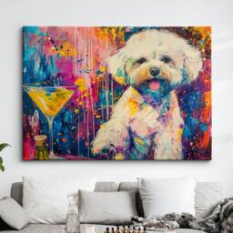 Bichon Frise Martini Glass Painting Framed Poster Print & Canvas Wall Decor Art Bar Kitchen Room Dog Gift Idea Pet