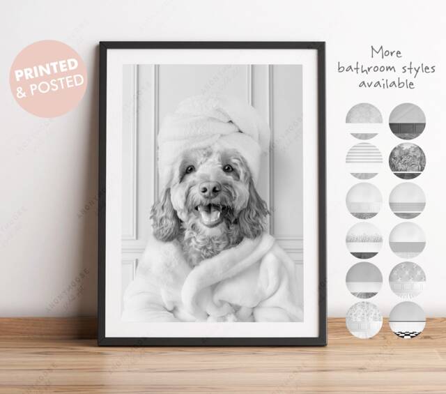 Black & White - Cockapoo in A Bathrobe Print, Dog Bathing, Funny Bathroom Animal Towel On Head, Dog Bath Robe, Apricot - image 1