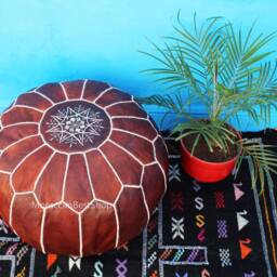 Moroccan Leather Pouf Ottoman, Tan Floor Pillow Footstool - thumbnail 3