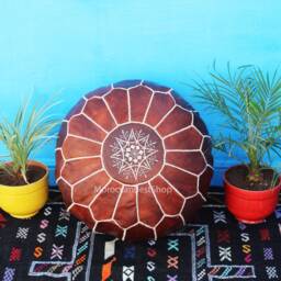 Moroccan Leather Pouf Ottoman, Tan Floor Pillow Footstool - thumbnail 2