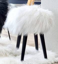 Sheepskin Fur Wooden Stool Handmade With Black Legs - 100% Genuine Mongolian