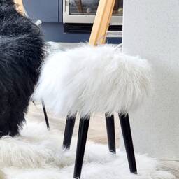 Sheepskin Fur Wooden Stool Handmade With Black Legs - 100% Genuine Mongolian - thumbnail 2