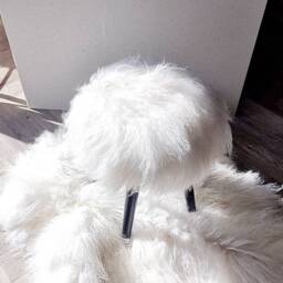 Sheepskin Fur Wooden Stool Handmade With Black Legs - 100% Genuine Mongolian - thumbnail 4