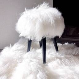Sheepskin Fur Wooden Stool Handmade With Black Legs - 100% Genuine Mongolian - thumbnail 3