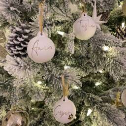 Set Of 3 Personalised Festive Satin Ribbon Christmas Ceramic White 6cm Baubles - One Word/Name Per Bauble Only Free UK Postage - thumbnail 2