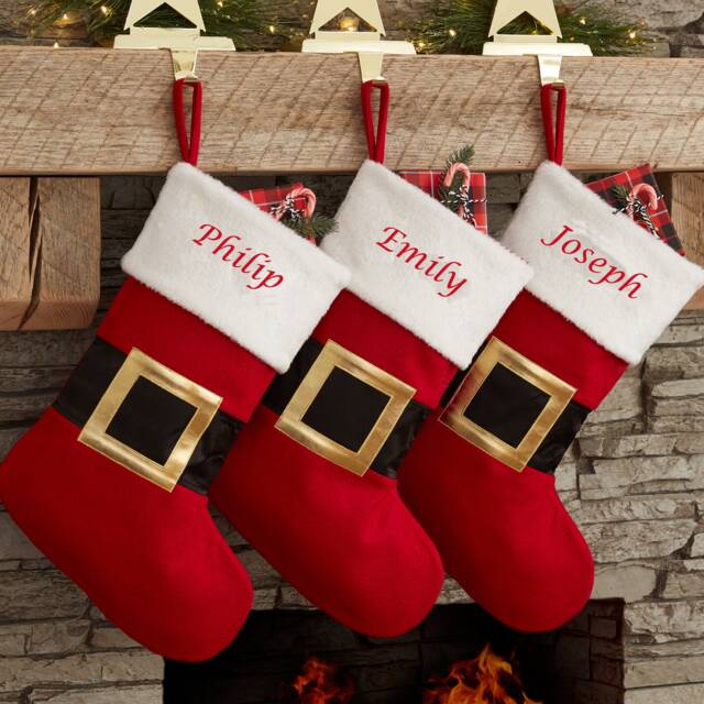 Personalised Embroidered Christmas Stocking Boot Sock Xmas Deluxe Red Santa Belt Traditional Style Quality Hang Fireplace - image 1
