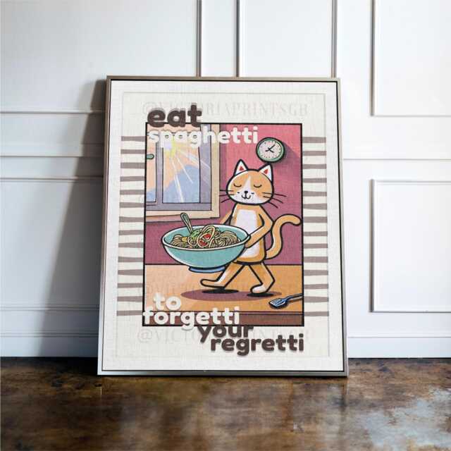 Eat Spaghetti To Forgetti Your Regretti Print, Funny Cat Kitchen Wall Art, Cute Pasta Poster, Italian Food Quote, Prints - image 1