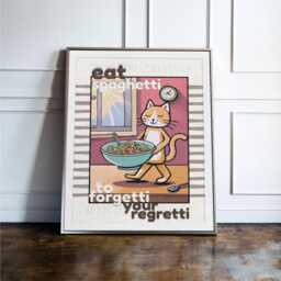 Eat Spaghetti To Forgetti Your Regretti Print, Funny Cat Kitchen Wall Art, Cute Pasta Poster, Italian Food Quote, Prints - thumbnail 1
