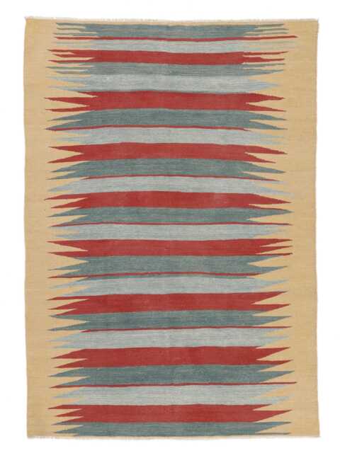 Handwoven Wool Kilim Rug Modern Turkish Flatweave With Red & Mustard Stripes - image 1