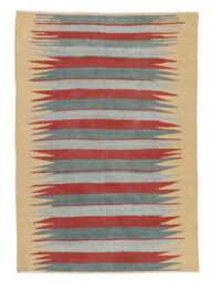 Handwoven Wool Kilim Rug Modern Turkish Flatweave With Red & Mustard Stripes
