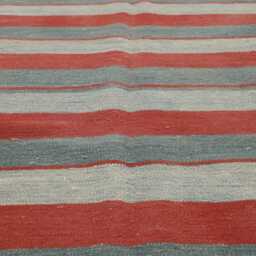 Handwoven Wool Kilim Rug Modern Turkish Flatweave With Red & Mustard Stripes - thumbnail 2