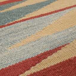 Handwoven Wool Kilim Rug Modern Turkish Flatweave With Red & Mustard Stripes - thumbnail 3