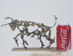 Bronze Bull Modern Figurine Sculpture Art Deco Signed New Statue - Wooden Base