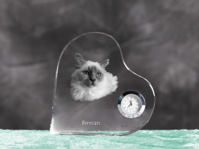 Birman - Crystal Clock in The Shape Of A Heart With Image Pure-Bred Cat - image 1