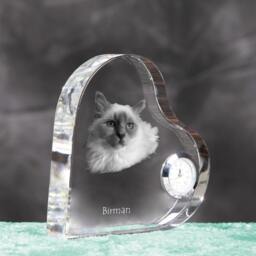 Birman - Crystal Clock in The Shape Of A Heart With Image Pure-Bred Cat - thumbnail 3