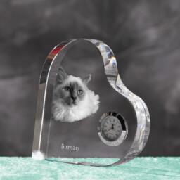 Birman - Crystal Clock in The Shape Of A Heart With Image Pure-Bred Cat - thumbnail 2