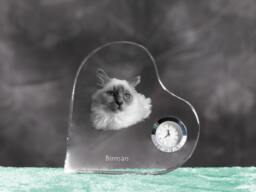 Birman - Crystal Clock in The Shape Of A Heart With Image Pure-Bred Cat - thumbnail 1