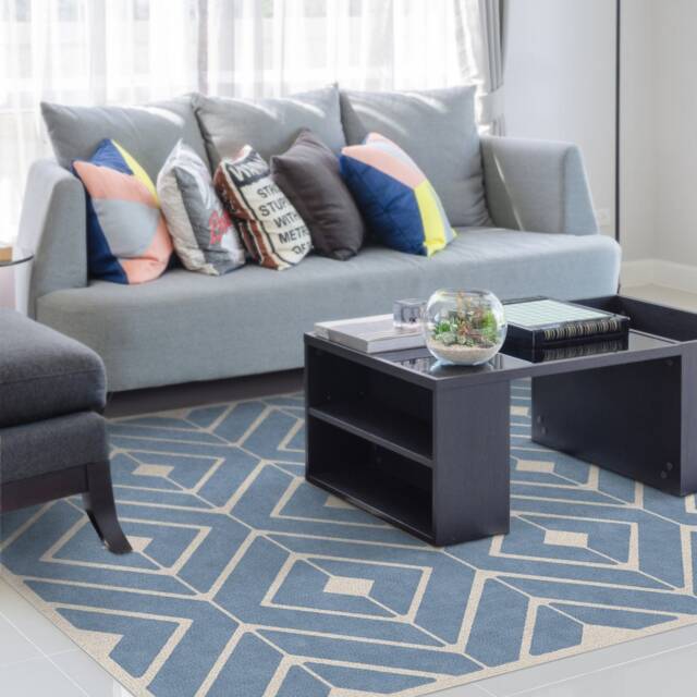 Blue Vinyl Floor Mat. Area Rug Or Kitchen Mat With Graphic Design in Blue & Beige. Doormat, Welcome Mat, Rug, Bath - image 1