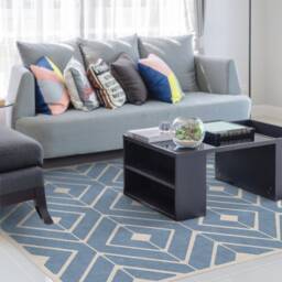 Blue Vinyl Floor Mat. Area Rug Or Kitchen Mat With Graphic Design in Blue & Beige. Doormat, Welcome Mat, Rug, Bath - thumbnail 1
