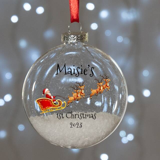 Santa's Sleigh Baby's 1st Christmas Round Glass Bauble Tree Decoration - image 1