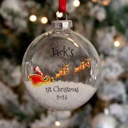 Santa's Sleigh Baby's 1st Christmas Round Glass Bauble Tree Decoration - thumbnail 2