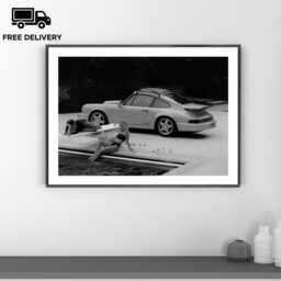 Vintage Classic Sports Car Girl Print, Luxury Woman, Fine Art Photography Wall Art, Museum Quality Black & White Poster - thumbnail 1