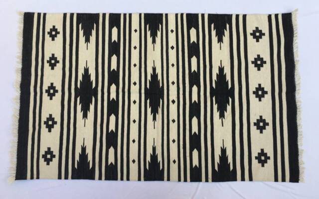 3x5 Cotton Black & White Rug - Stripes With Design- Hand Woven Rug - image 1