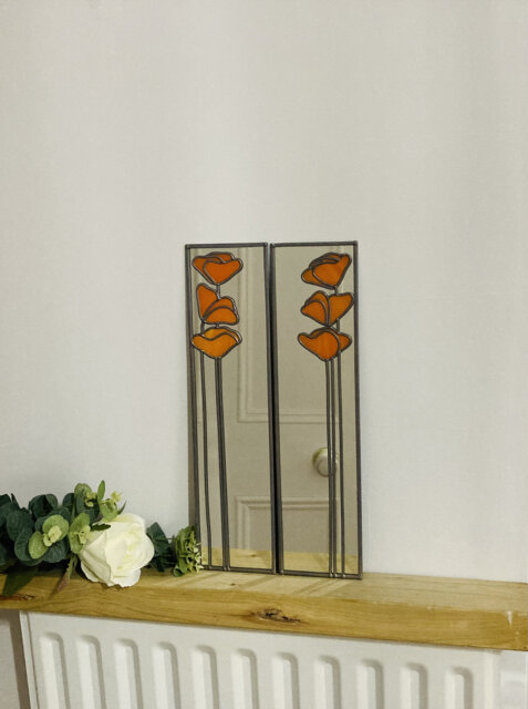 Opposite Pair Poppy 3 in Orange Rennie Mackintosh Style Stained Glass Effect Mirror Handmade Gift 40x10cms - image 1