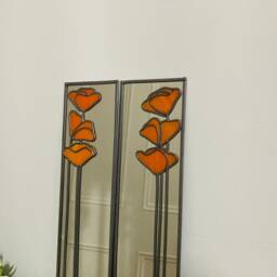 Opposite Pair Poppy 3 in Orange Rennie Mackintosh Style Stained Glass Effect Mirror Handmade Gift 40x10cms - thumbnail 3
