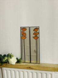 Opposite Pair Poppy 3 in Orange Rennie Mackintosh Style Stained Glass Effect Mirror Handmade Gift 40x10cms - thumbnail 1